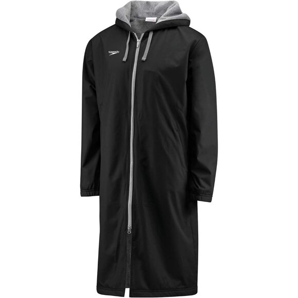 Speedo Black Long Parka Zip Up Hooded Swim Jacket Fleece Lined Small Pockets